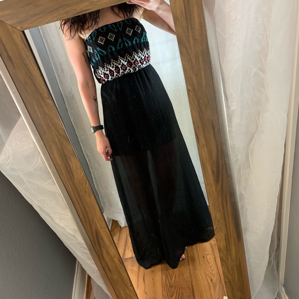 Strapless Black Aztec Maxi Dress